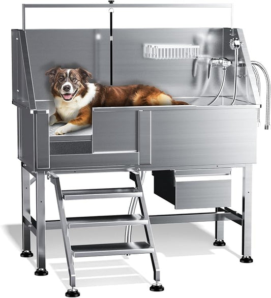 Dog Washing Station for Home,Professional 46" Stainless Steel Dog Bathing Station Height Adjustable Dog Wash Station Dog Grooming Tub Stair, Drawer, Floor Grate & Fauct (Left Stair) by RUDCXDY