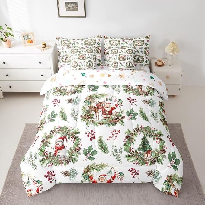 Erosebridal Kids Xmas Santa Claus Bedding Set Full Xmas Elk Deer Comforter Set 7 Piece Woodland Pine Berry Bed in A Bag for Kids Boys Men Green Christmas Decoration Quilt with Flat Fitted Sheet - Image 3