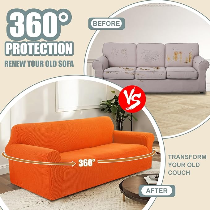 Stretch Oversized Sofa Couch Cover Washable Slipcover, Orange | 1-Piece X-large Sofa Cover For 3 Cushion,Furniture Protector Couch Cover For Dogs, Polyester Spandex Jacquard fabric - Image 4