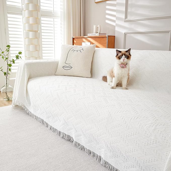AIVIA Armless Loveseat Cover Sheet Blanket, Anti Slip Throw Cushion Covers for 2 Seater Armless Couches, Love-Seat Furniture Decor Slipcovers Protector for Dogs Cats (71” x 91” White) - Image 6