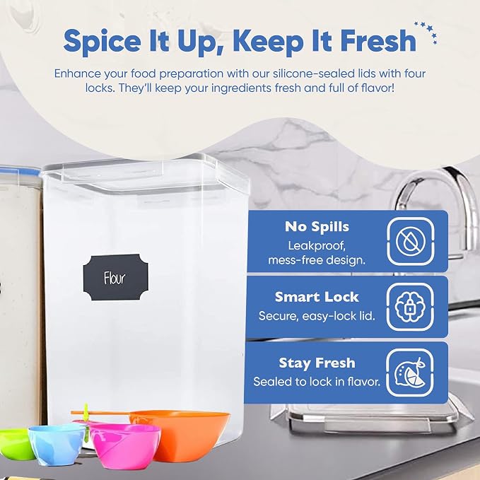 Chef's Path Extra Large Tall Airtight Food Storage Containers, Set of 4, Airtight Food Storage for Flour, Sugar, Rice, Includes Measuring Scoops, Pen, and Labels, 7qt, 220Oz, 6.5L, Transparent - Image 6
