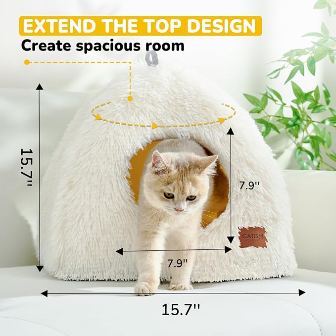 CATISM Cat Bed, Cat Cave for Indoor Cats, Soft Cat Dome, Self-Warming 2 in 1 Foldable Pet Cat House with Washable Cushioned Pillow Calming Fluffy Dog Beds for Small Dogs with Anti-Slip Bottom White | Warm Washable Anti-Slip Bottom Removable Fluffy Plus... - Image 4