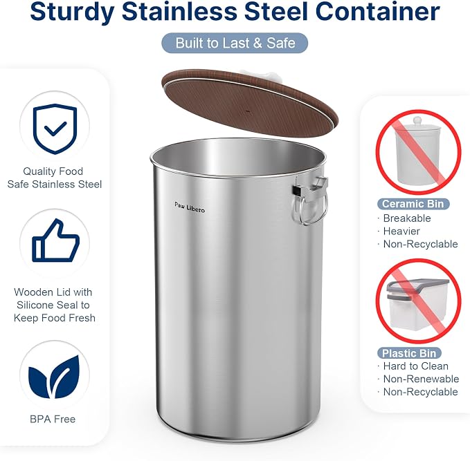 2 Pack 35 lb Stainless Steel Dog Food Storage Container Set with Wooden Lid | Metal Dog Food Storage Container for Dogs & Cats, Airtight Dog Food Container to Keep Food Fresh, Easy to Clean Dog Dood Bin - Image 2