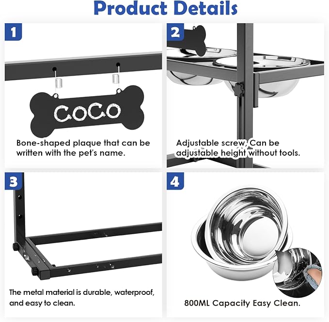 Elevated Dog Bowls for Medium and Small Dogs, 5 Height Adjustable & 2 Stainless Steel Bowls 800ml/27oz, Raised Food Dog Water Stand - Image 5