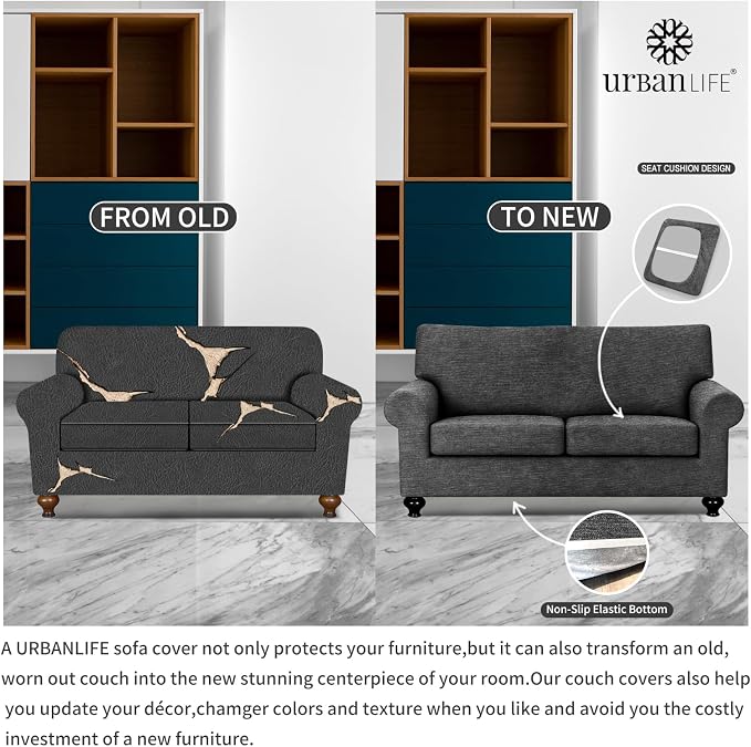 URBANLIFE 3-Piece Stretch Sofa Covers for 2 Cushion Couch, Charcoal Gray | Super fitted spandex slipcovers for couches. Non-slip elastic bottom. Machine washable furniture protector for kids & pets. - Image 5