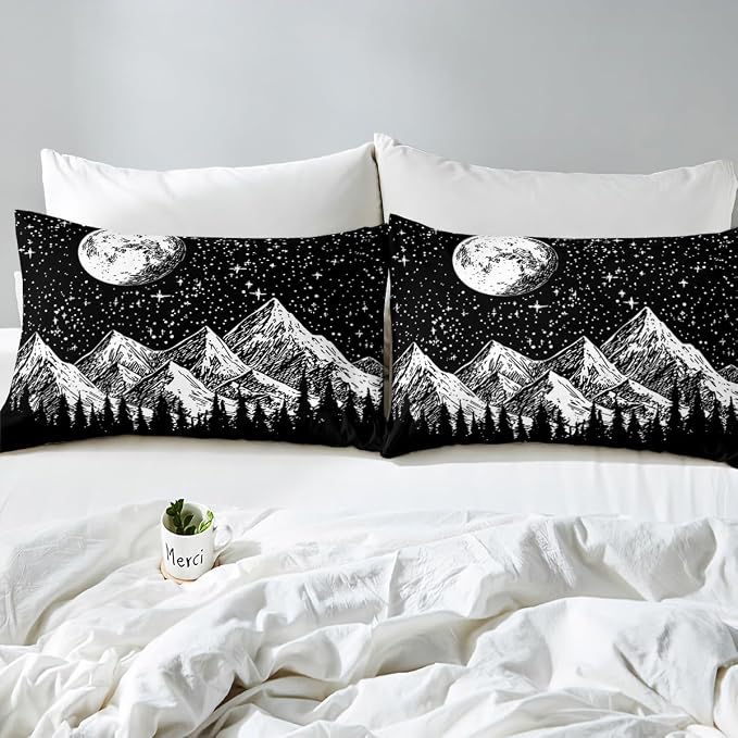 Sun Moon Bed Sheets Full Size 4Pcs Abstract Sun Stars Sheet Set for Kids Boys Mystic Chic Boho Flat Sheet Teens Adult, Mountain Tree Sketch Bedroom Decor Fitted Sheet with 2 Pillowcases,Black White - Image 7