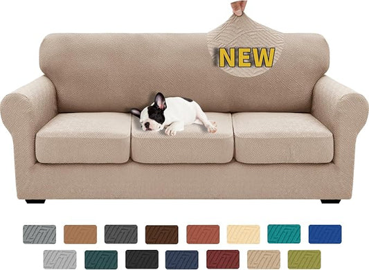 XINEAGE 2026 New 4 Pieces Couch Covers for 3 Cushion Couch Super Stretch Thick Soft Sofa Cover Anti Slip Sofa Slipcover Dogs Cats Furniture Protector (Khaki, 71"-91") by XINEAGE