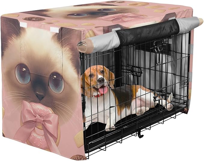Dog Crate Cover Kennel Cover for Dog Cages Breathable for Wire Cage Indoor Outdoor Siamese Doughnut Bones Gray Pink - Image 2