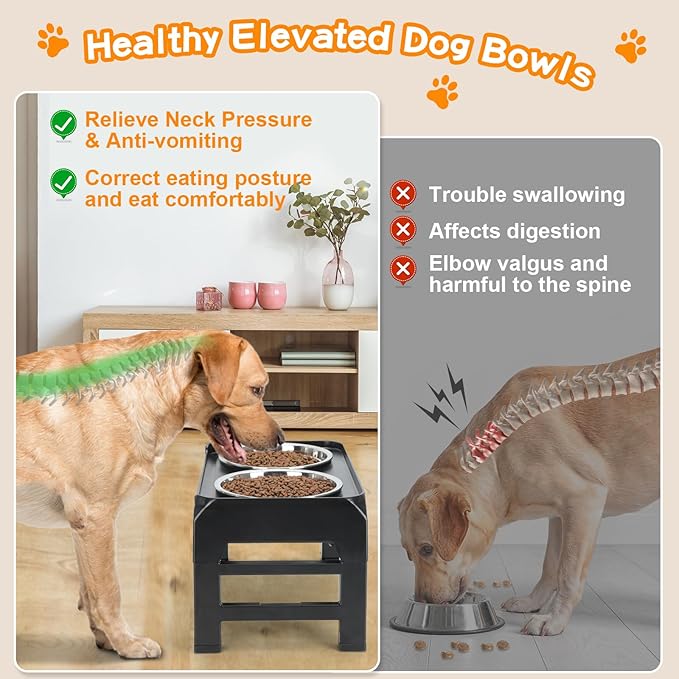 COMESOON Elevated Dog Bowls, 4 Height Adjustable Raised Bowl Stand with 2 Thick 50oz Stainless Steel Food Bowls Non-Slip Feeder Adjusts to 3.7'', 9.2'', 10.75'', 12.36'' Black, (DB-W01) - Image 3