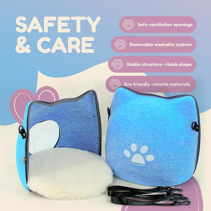 Cat Cave Bed for Indoor Cats – Felt Covered Hideaway with Cushion, Foldable Enclosed Pet House, Portable Cozy Cave Bed for Medium & Large Cats (Blue) - Image 5