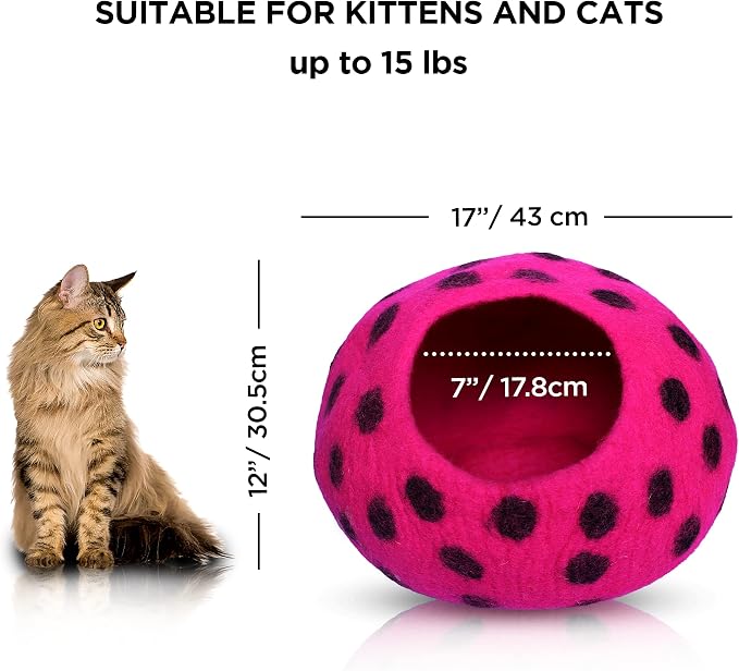 Woolygon Premium Felt Cat Cave Bed – Wool Kitty Beds Handcrafted Kitten Caves Bed for Indoor Cats - Made from Merino Wool, Foldable Cat Hideaway Covered Cat House Pod (Pink Polka) - Image 2