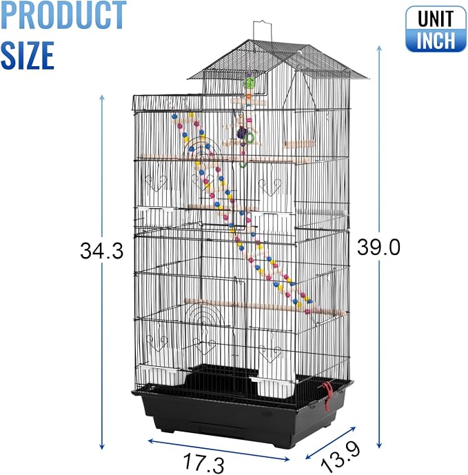 FDW 39 Inch Bird Cage Parakeet Cage with Play Top Rolling Stand & Easy Clean Pull-Out Tray Roof Top Parrot Cage for for Finches Canaries Parakeets Cockatiels & Other Small Birds, Black - Image 8