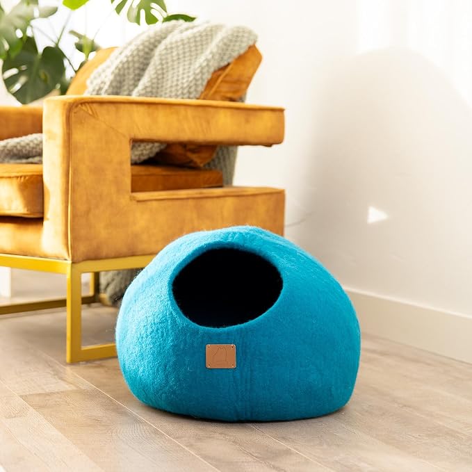 Best Aesthetic Cat Bed - Premium Felted Wool Cat Cave Bed - Cozy Peekaboo Round Cave for Large or Small Cats (Small, Ocean Blue) - Image 3