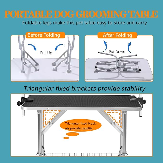 Professional Dog Pet Grooming Table Adjustable Heavy Duty Portable w/Arm & Noose & Mesh Tray (42", Black) - Image 4