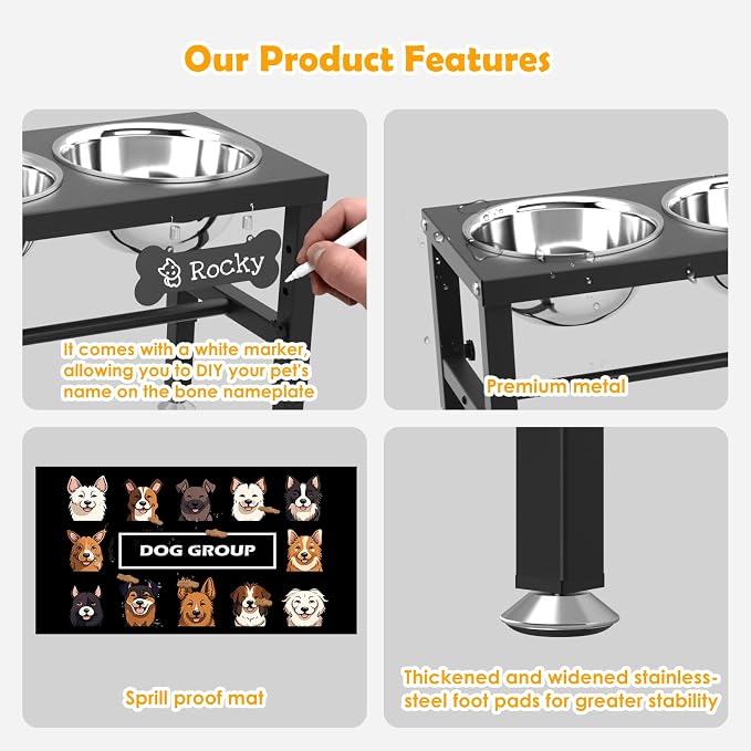 Extra Large Elevated Dog Bowls, 4 Adjustable Height with Three 101oz/3000ml Large Stainless Steel Bowls and Splash pad, Raised Dog Bowl Stand for Large and Extra Large Breeds - Image 5