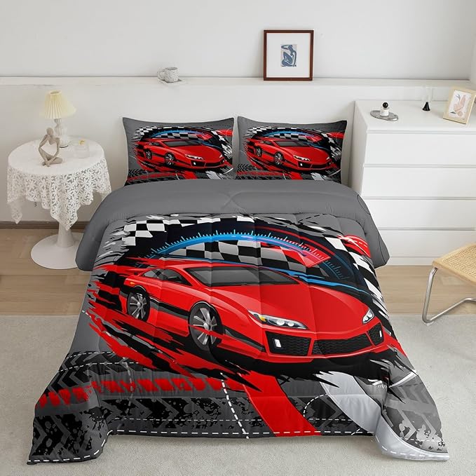 Homewish Sports Car Comforter Set Full,Red Race Car Extreme Sport Bedding Set 3pcs for Kids Teens Boys,Competitive Gaming Duvet Insert Set Black White Grid Quilted Duvet Set with 2 Pillowcases,Grey - Image 6