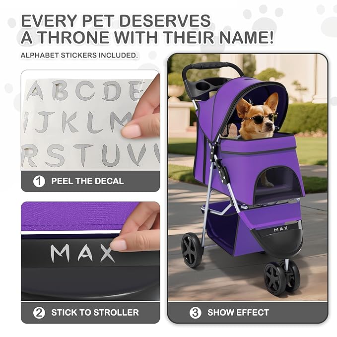 MoNiBloom 3 Wheels Pet Dog Cat Stroller for Small Medium Dogs Cats, Lightweight Foldable Jogger Stroller w/Storage Basket and Cup Holder, Purple