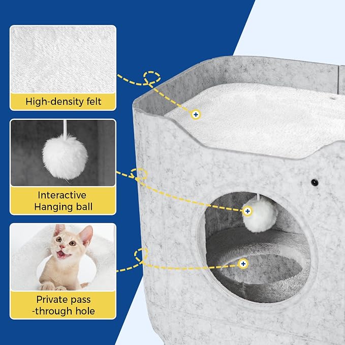 ABCPET Cat House for Indoor Cats, Cat Condo Cat Bed Cave, Felt Cats Hideaway Condo with Resistant Scratching Freedom Kitten Cube & Hanging Ball, Light Gray - Image 3