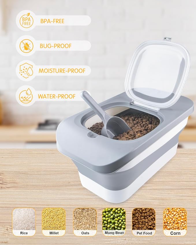 HOYTAMDAR 13 Lbs Dog Food Container, Collapsible Dog Food Storage Container with Airtight Lid, Cat Food Storage container Dry Food for Pets, Rice, Cereal, Silicone Pet Bowl and Dog Food Scoop - Image 5