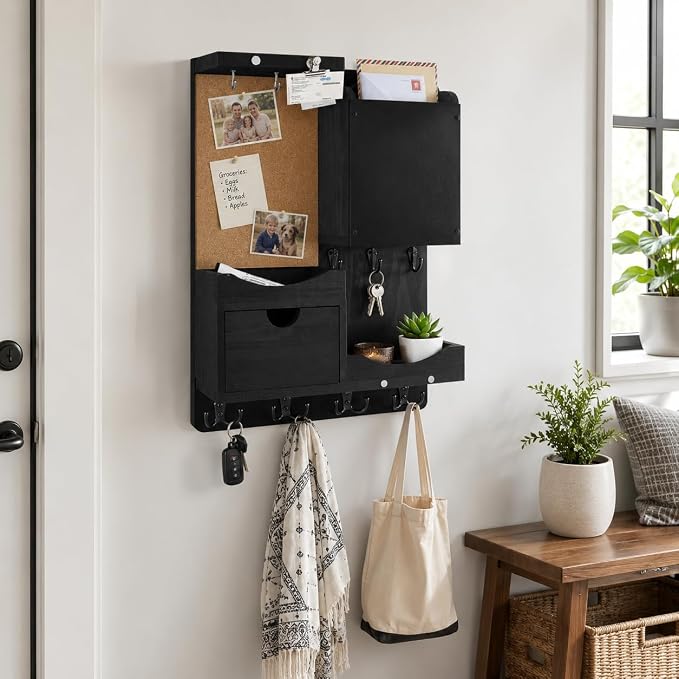 Key Holder Wall Mount, Mail Organizer Key Holder for Wall with Shelf, Drawer, Chalkboard, Corkboard, Home Decor Mounted for Room Entryway (Black) - Image 9