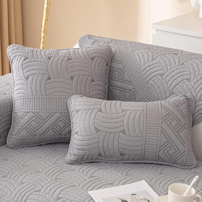 vctops Set of 2 Cotton Quilted Throw Pillow Covers Farmhouse Neutral Solid Color Pillow Cover Weave Embroidery Soft Cushion Case (Grey,18"x18") by vctops