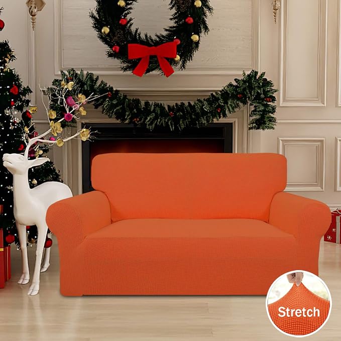 Easy-Going Stretch Loveseat Couch Covers Washable Orange | 1-Piece Loveseat Covers for 2 Cushion Couch Furniture Protector RV Sofa Slipcover Soft with Bottom for Kids Pets - Image 2