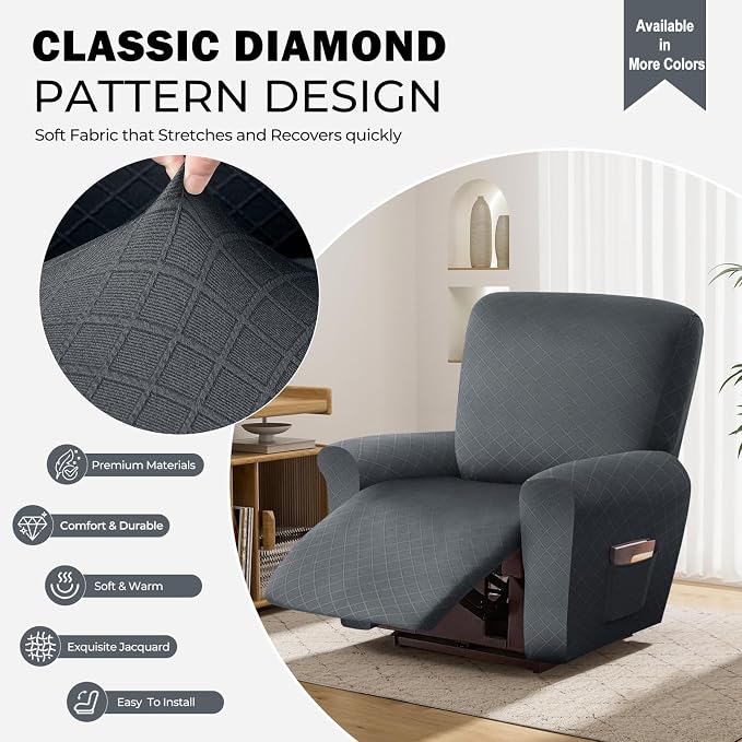 vctops Diamond Recliner Cover 4-Pieces Recliner Stretch Sofa Slipcover 1 Seater Couch Protector Soft Solid Furniture Protector Covers with Elastic Strap (Grey,1 Seat) - Image 3