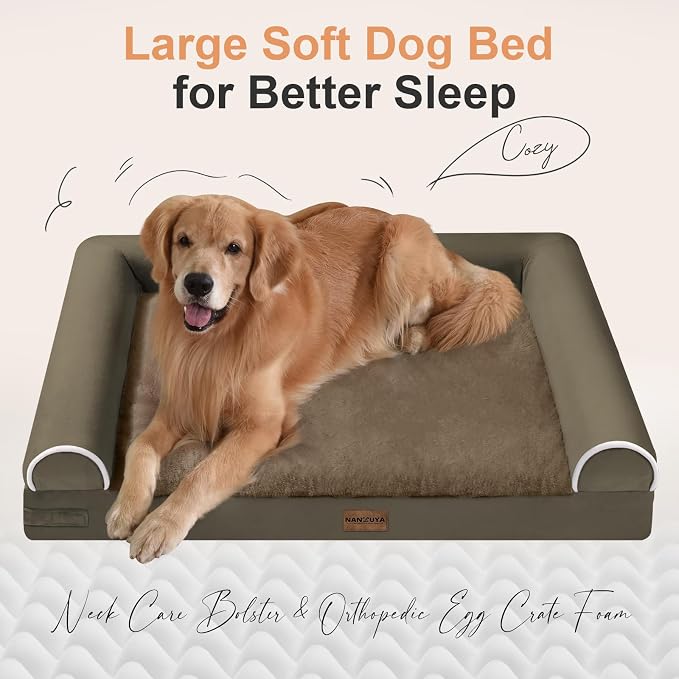 NANUYA Orthopedic Dog Bed for Jumbo Dogs, 48 x 33 Inch, Brown | Egg crate foam for joint support, 3-sided bolster pet sofa, waterproof lining, washable cover, and non-skid base - Image 2
