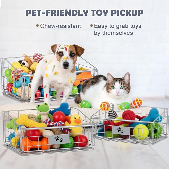 Mimorou 3 Pack Metal Dog Toy Baskets Multi-sized Foldable Dog Toy Bins Box Storage Container Organizer for Living Room Area Decorative Pet Accessories Coat Clothing Storage Holder Baskets(Silver) - Image 5