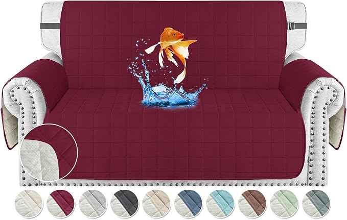 MAXIJIN Waterproof Love Seat Couch Covers 2 Cushion Sofa, 49" Quilted Loveseat Cover Slipcovers for Pets Dog Couch Cover Protector with Elastic Strap & Side Pocket (Loveseat, Wine Red) by MAXIJIN