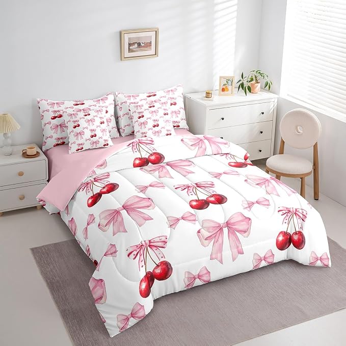 Erosebridal 7 Pcs Cherry Bowknot Kids Comforter Set King Bed in a Bag,Princess Bow Bedding Set for Girls Girlfriend,Girly Red Cherries Duvet Set,Romantic Valentine Bow Tie Geometric Sheet Set - Image 3