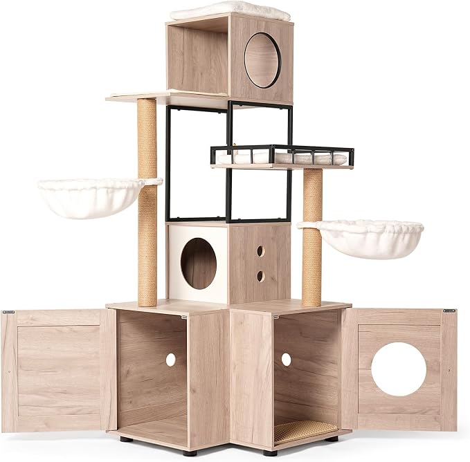 Cat Tree with Litter Box Enclosure, 63" Multi-Functional Cat Tree with Litter Box - Includes Removable Washable Cushion, Scratching Posts & Toy Hanger, Modern Design, Rustic Gray - Image 3