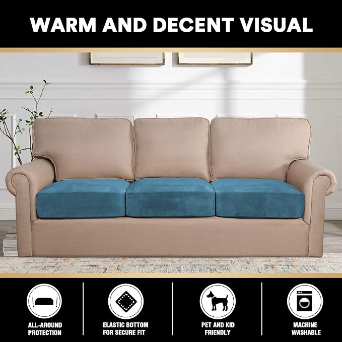 PrinceDeco Couch Cushion Covers, Stretch Washable Sofa Cushion Cover, Fitted Sofa Slipcover Velvet Fabric Non-Slip Furniture Protector for Dog,Pets, Kid (Each Width Up to 29.5", Blue) - Image 3