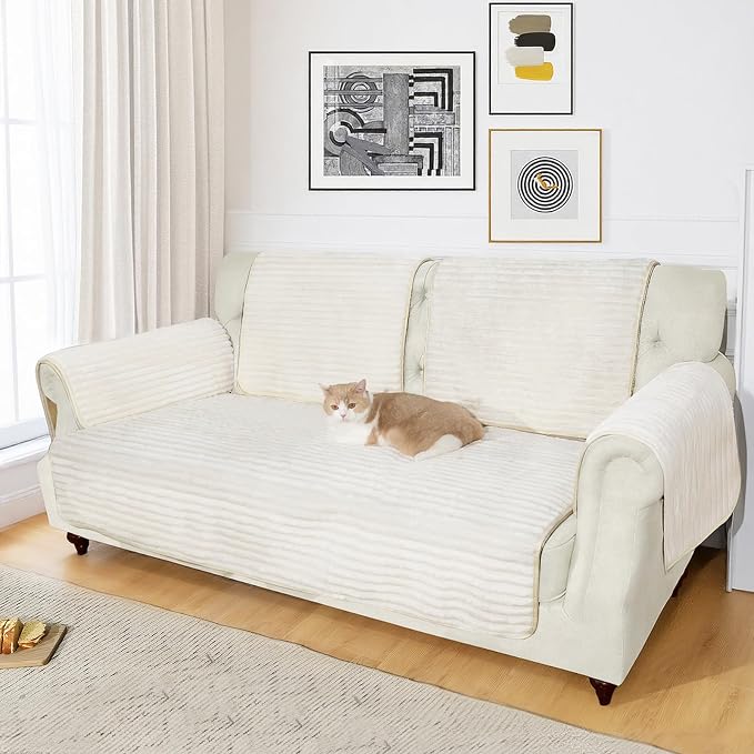NAISI Couch Covers for Dogs Waterproof Flannel Striped Sofa Cover Pet Friendly Washable Dog Mat for Couch Anti Slip Sectional Sofa Slipcover Protector(1pc/27"x 27",Cream) - Image 4
