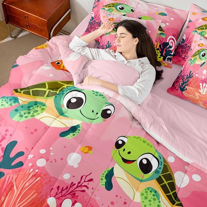 Erosebridal Kawaii Sea Turtle 7-Piece Bedding Set King Size, Ocean Life Tortoise Bed in A Bag, Underwater World Sea Animal Comforter Set with Sheets, Colourful Coral Bedding Comforter Sets, Pink - Image 7