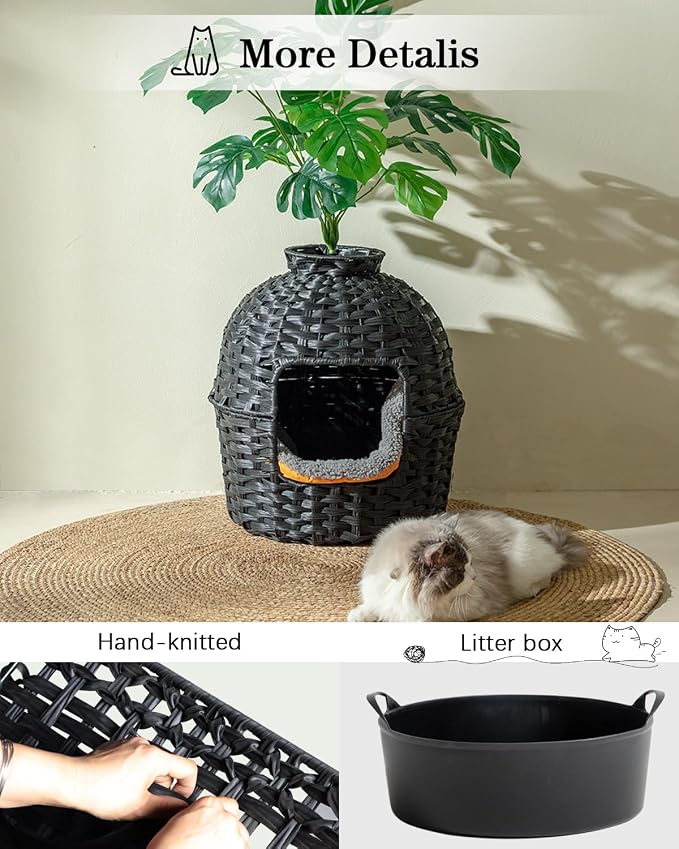 SETVSON Cat Litter Box Plant Furniture Enclosure, PE Rattan House, Black | Decorative Planter Design, Easy Clean, Artificial Plants & Real Stones Included, Private Inner Litter Box, 20" x 20" Compact - Image 4