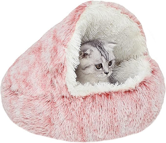 YUDANSI Cat Bed Hooded for Indoor Cats, Dog Bed with Large Covered Hood for Small Dogs Cats Puppy Kitty, Anti Anxiety Donut Cuddler, Anti Slip Plush Faux Fur Enclosed Pet Nest (Washable)(Pink-20inch) by YUDANSI
