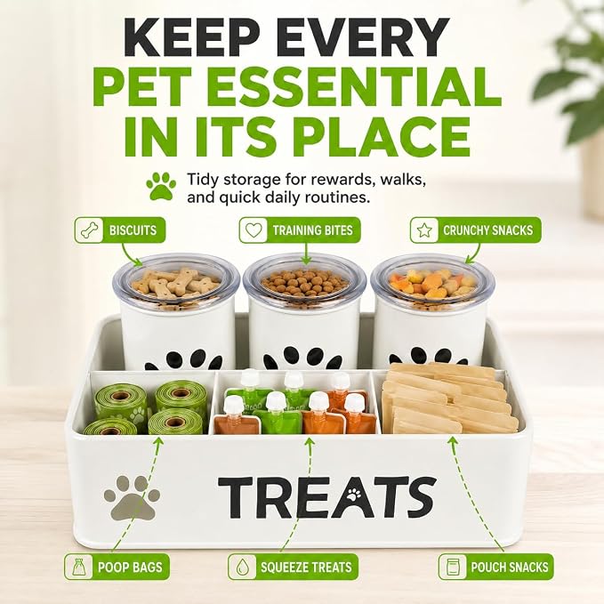 Dog Treat Organizer, 3 Pack 28 Oz Metal Dog Treat Containers with Airtight Lids, Dog Treat Jars and Canister Set for Countertop, Pet Food Treats Station for Dog Cat Biscuits, Kibble(White) - Image 5