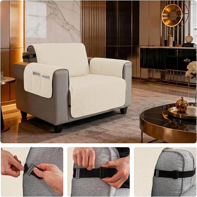100% Waterproof Couch Cover, Straps&Pockets,pet Friendly,23" Beige | Washable sofa cover, pet-friendly, scratch-resistant furniture protector, quilted sofa cover, reversible, non-slip backing. - Image 6