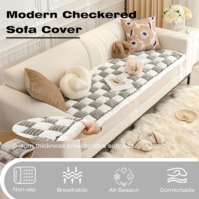 Fuzzy Couch Cover for Dog, Modern White Grey Checkered Couch Cushion Cover | Non Slip Couch Cover for 2 Cushion Couch Sofa Pet Friendly, Washable Sofa Cover Durable Anti-pilling Furniture Protector - Image 3