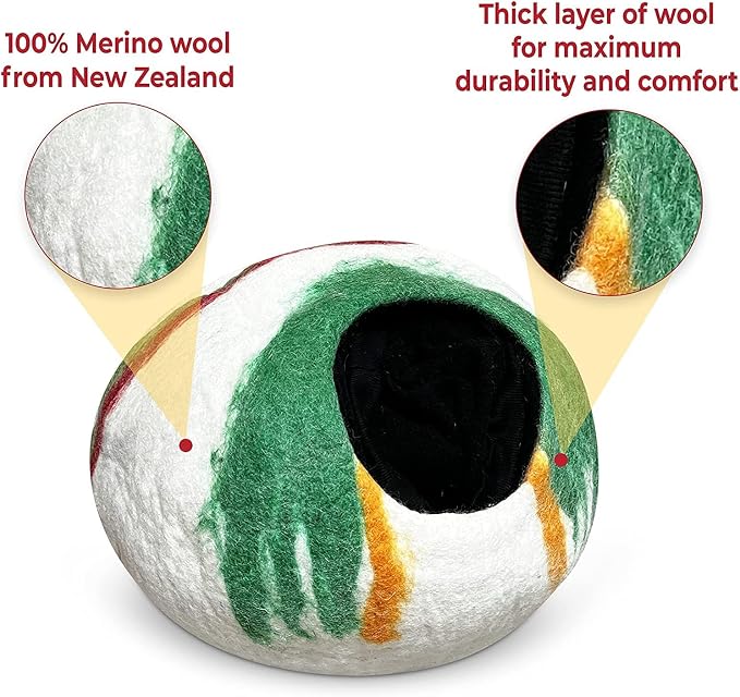 Woolygon Premium Felt Cat Cave Bed – Wool Kitty Beds Handcrafted Kitten Caves Bed for Indoor Cats - Made from Merino Wool, Foldable Cat Hideaway Covered Cat House Pod (Candy Swirl) - Image 5