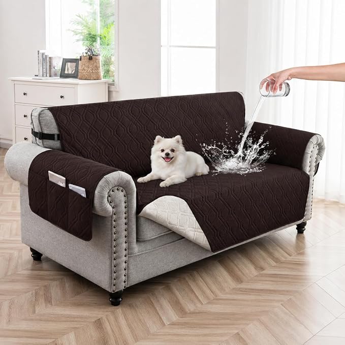 100% Waterproof Quilted Couch Cover,Straps&Pockets,46" Chocolate | Washable sofa cover, pet-friendly, scratch-resistant furniture protector, quilted sofa cover, reversible, non-slip backing. by Unknown