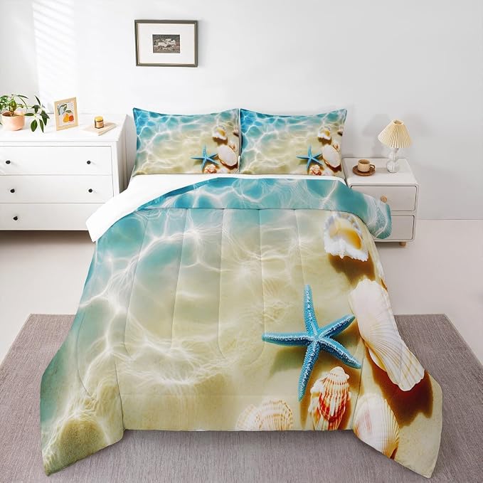 Ocean Comforter Set Twin Beach Bedding Set Coastal Nature Theme Teal Duvet Set Boys Girls Hawaiian Quilt Sets Sea Wave Animals Shell Starfish Reversible Comforter Set 1 Pillowcase, Blue Room Decor - Image 2