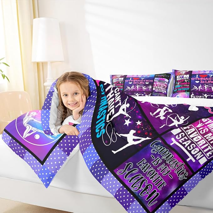 Vivid Gymnastics Lovers Girls Comforter Set Queen Size,Dance Sports Bedding 3pcs for Kids Teens Woman Room Decor,Classic Geometric Plaid Quilt Set,Purple Romantic Duvet Insert,2 Pillowcases - Image 3