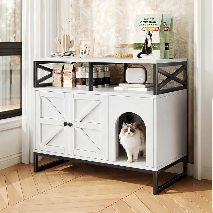 DreamDashio Cat Litter Box Enclosure with Shelves, 35.4" Hidden Litter Box Furniture, Enclosed Litter Box Cabinet with Storage, Farmhouse Indoor Cat House for Living Room, Bedroom, Entryway, White - Image 2