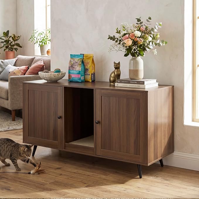Tangkula Double Cat Litter Box Enclosure for 2 Cats, Large Stackable Hidden Privacy Cat Washroom Cabinet with Scratching Board, Indoor Cat House TV Stand Side Table, Litter Box Furniture (Brown) - Image 2