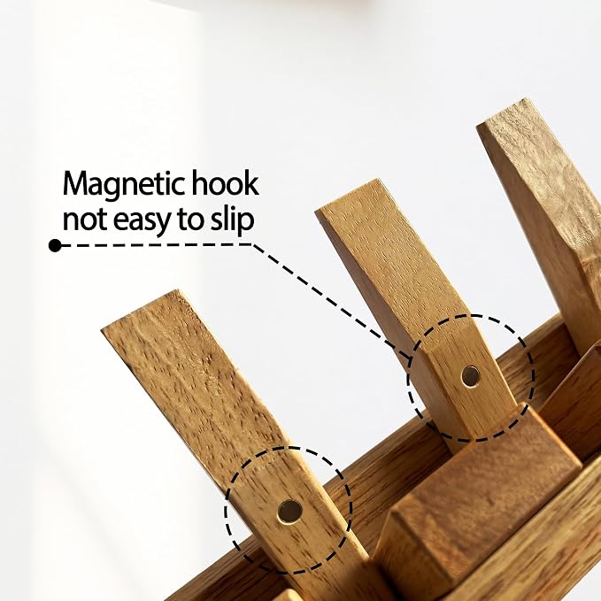 Mid Century Modern Wood Coat Rack Wall Mount with Shelf, 9 Hooks, Natural | Wood and metal wall rack with fold-down piano-key hooks and display shelf organizes coats, bags, keys and decor up to 25 lb. - Image 3