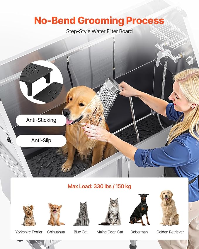 VEVOR Stainless Steel Dog Washing Station, 50 inch Pet Grooming Tub w/Ramp, PE Water Filter Board, Faucet & Showerhead & Soap Holder Dog Bathtub for Large & Medium & Small Pets (Right Door) - Image 4