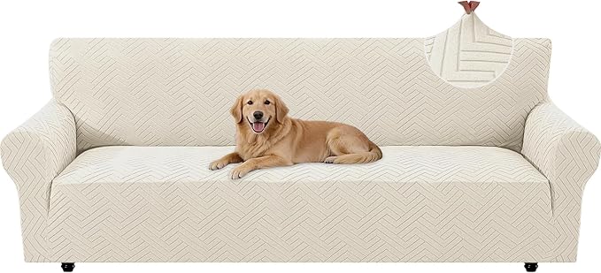 Stretch Sofa Cover Non-Slip Washable Furniture Protector | Stretch, 91"-110".Soft, Non Skid Foam, Elastic Bottom, Machine Washable, for Kids & Pets, Couch & Sofa, Beige White by YSTELLAA