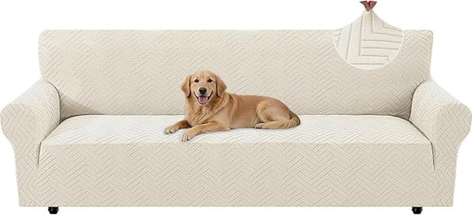 Stretch Sofa Cover Non-Slip Washable Furniture Protector | Stretch, 91"-110".Soft, Non Skid Foam, Elastic Bottom, Machine Washable, for Kids & Pets, Couch & Sofa, Beige White by YSTELLAA